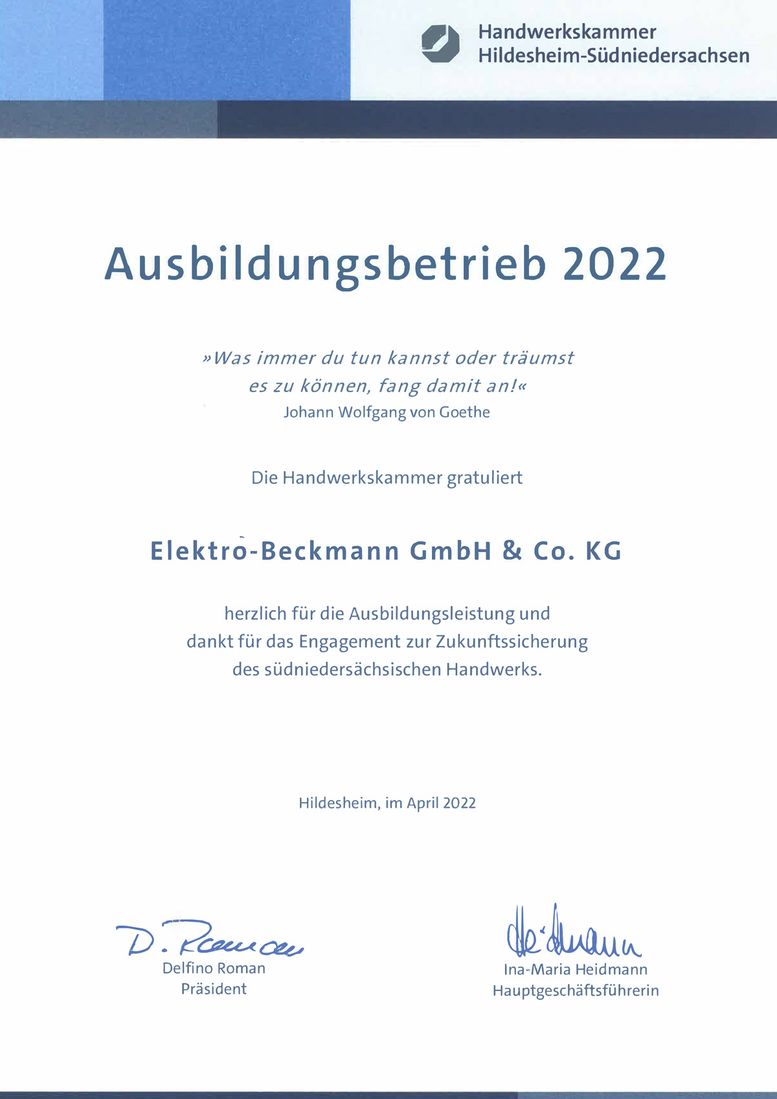 Elektro-Beckmann GmbH & Co.KG. Auszeichnung Ausbildungsbetrieb 2021