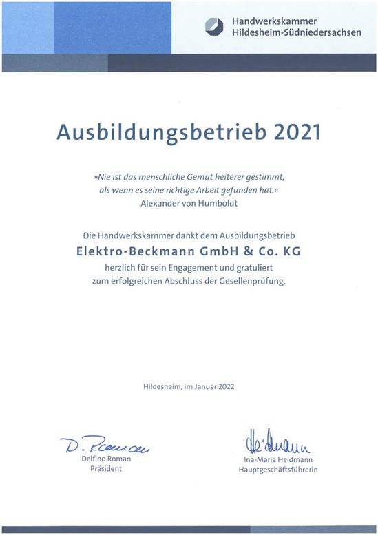 Elektro-Beckmann GmbH & Co.KG. Auszeichnung Ausbildungsbetrieb